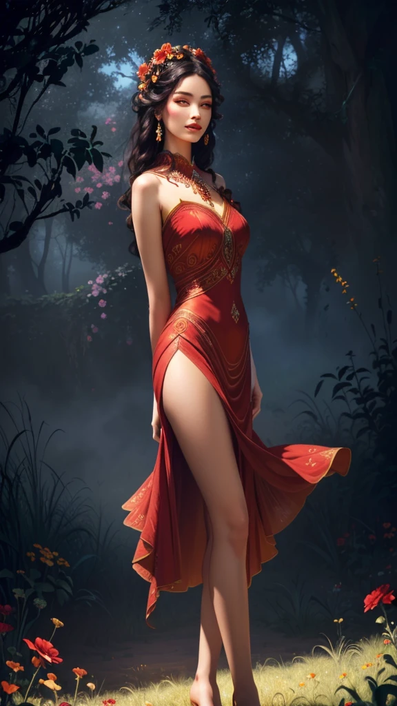 a woman in a vibrant red dress standing in a lush field of colorful flowers, extremely detailed eyes and face, long eyelashes, beautiful intricate details, soft dreamy digital art style, fantasy concept art, cinematic lighting, realistic skin texture, elegant pose, highly detailed, 8k, photorealistic, masterpiece