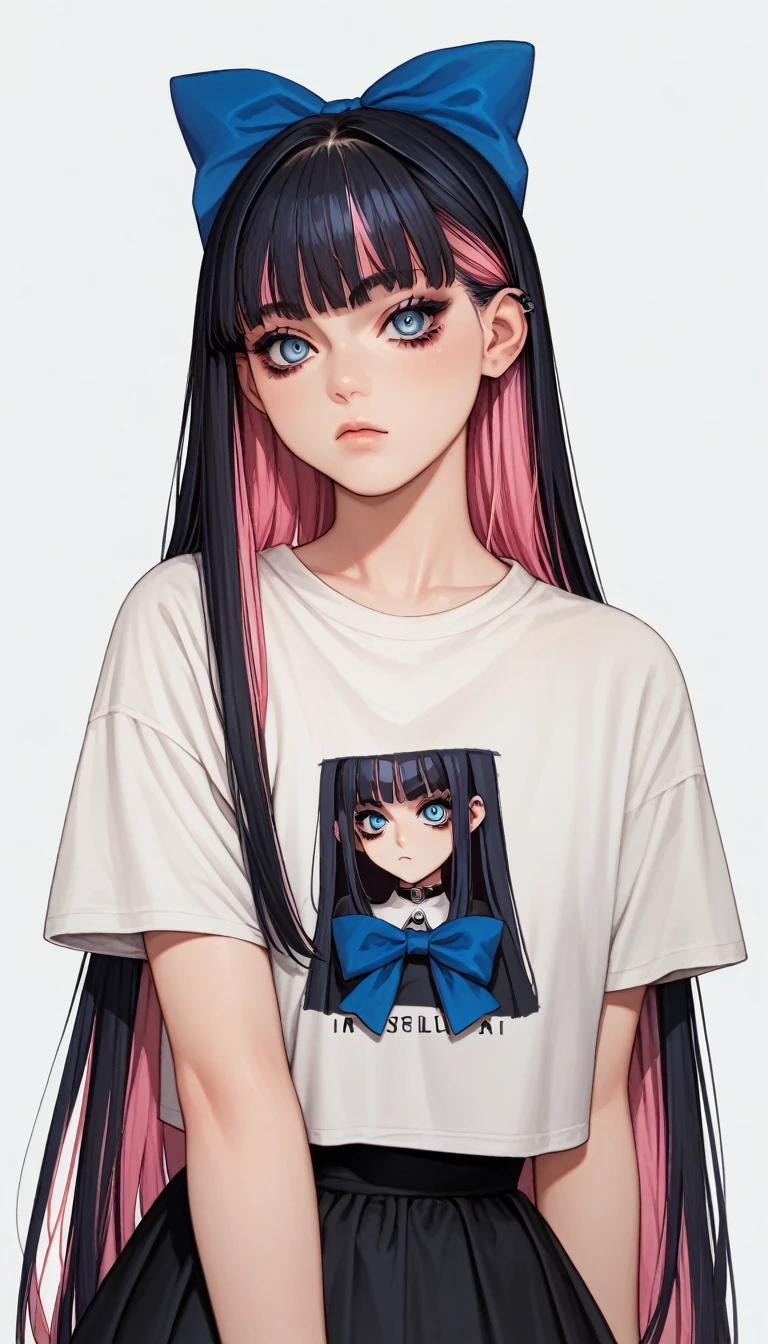 score_9,score_8_up,score_7_up,source_anime stocking \(psg\), 1girl, bow, eyelashes, long hair, looking at viewer, multicolored hair, shirt, simple background,  two-tone hair,black hair,pink hair, t-shirt,goth girl,blue eyes
