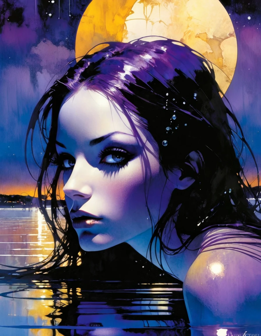 masterpiece, best quality, (closeup face:1,2), 1girl, naked, nipple, goggles on head, (lying on water), (polar lights:1.1), aurora borealis, purple green red, night, colorful, reflections in goggles, reflections on water, (wide angle:1.2), watercolor, sketch