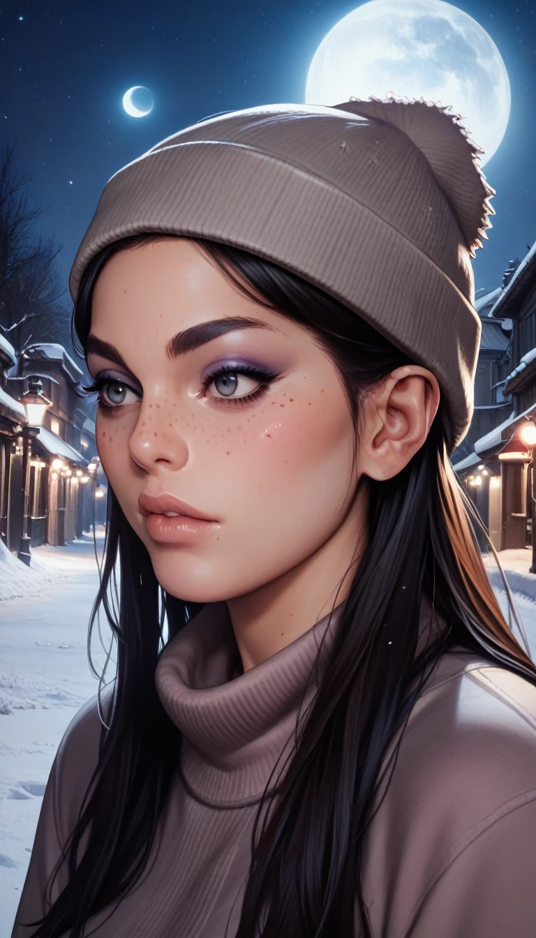 score_9, score_8_up, score_7_up, photorealistic, raw photo, masterpiece, 1girl, winter, wearing beanie, night, moonlight, moon, stars, closeup, detailed skin, freckles, eyeshadow, mascara, beautiful female,