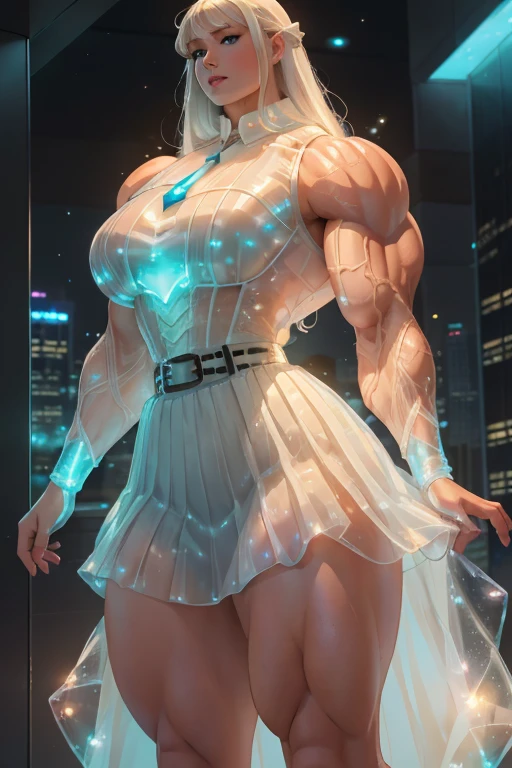 ((Close-up)), tall, (glowing White hair) beautiful muscular woman, long straight hair, brown skinned, closed smile, (black lipstick), (massive muscles), (hyper muscle), ((ginormous bulky muscles)), blue eyes, (((white Bioluminescent dress))), (Bioluminescent gloves), Bioluminescent choker, (flexing biceps), high heels, in a mystical world