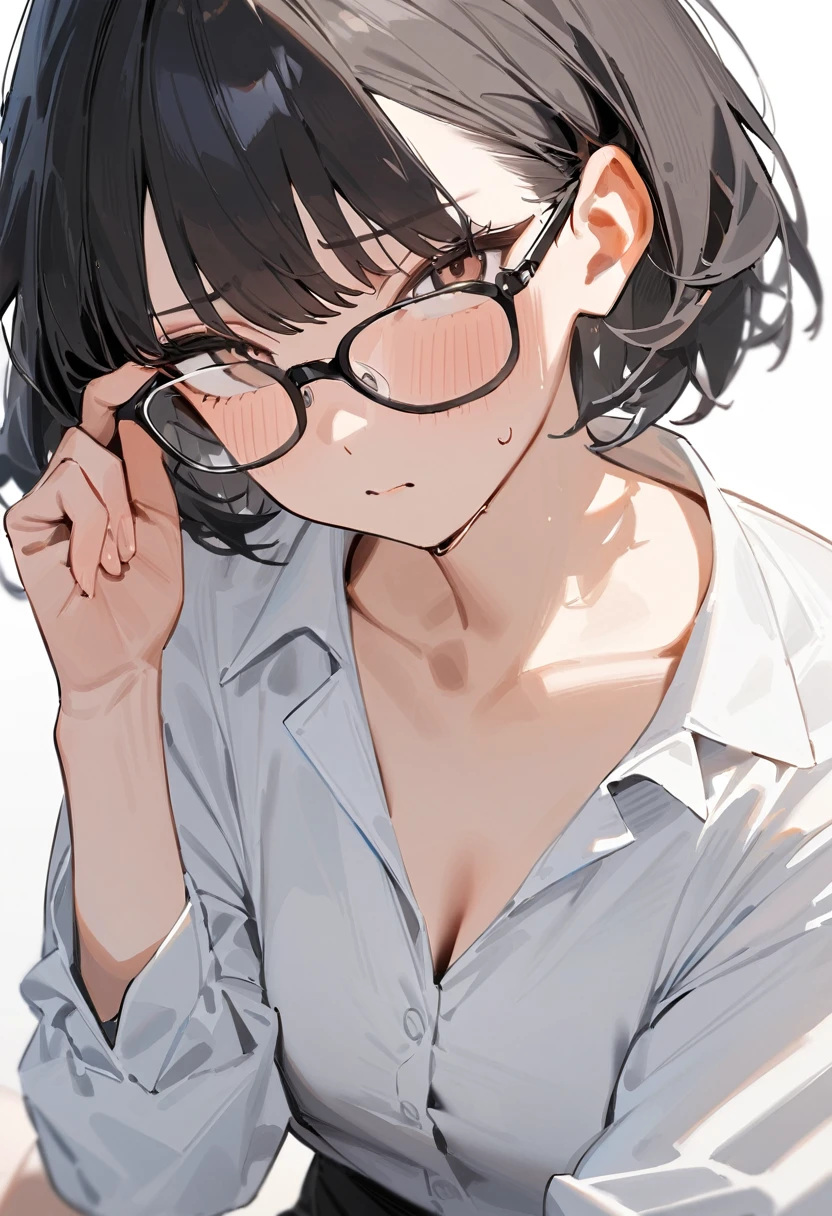 masterpiece, best quality, very aesthetic, absurdres,
1girl, solo, black hair, short hair,
sirmont16A, glasses, 
White shirt, shy, looking at viewer, adjusting eyewear, white background, simple background,
 