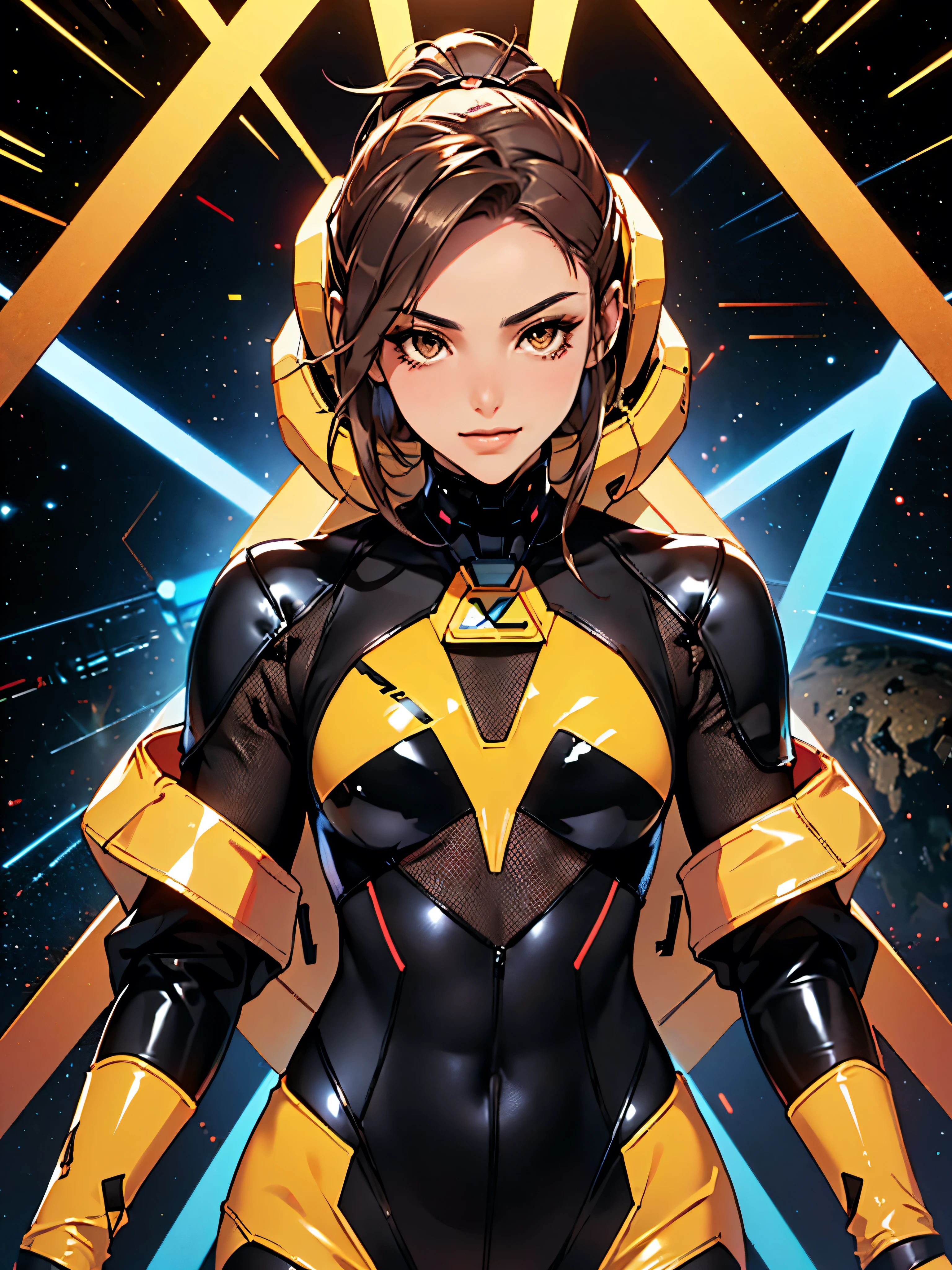 1girl, slender body, slim, extremely long ponytail, (((dark brown hair, brown eyes, tan skin))), brown skin, smirk, tight clothes,  ((ochre and black latex bodysuit)), (black armor), (((hexagonal mesh))), ((extremely glossy)), cyberwear, space background, starship interior, space cockpit
