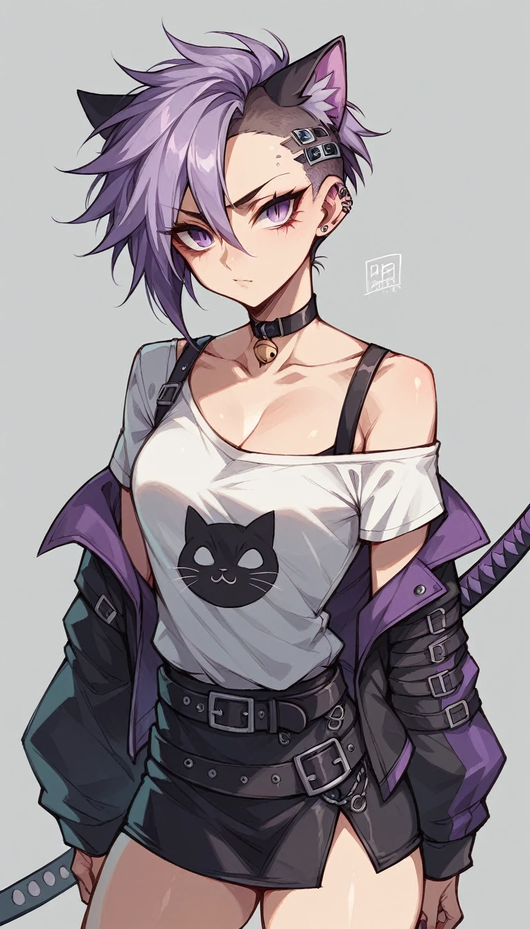 purple silver middle hair, cat ears, purple eye, White Shirts, put on a off shoulder black open hoodie, black slit skirt, leather belt, katana, cyber punk