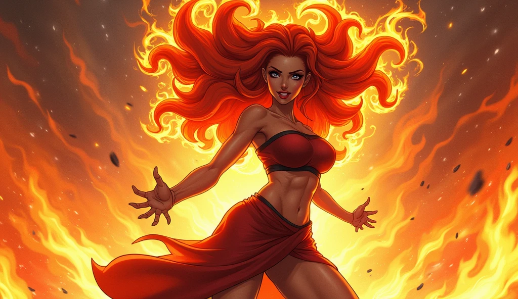woman, orange skin, hair of fire, hair on fire, body with fire, fire in hands, athletic body, eyes of fire, without clothes, light smile, red lips, standing, small breasts, athletic legs, nipples, ???????, visible ??????, forest, fantasy, ???????? nude, frontal, flashes in the background, frontal shot.