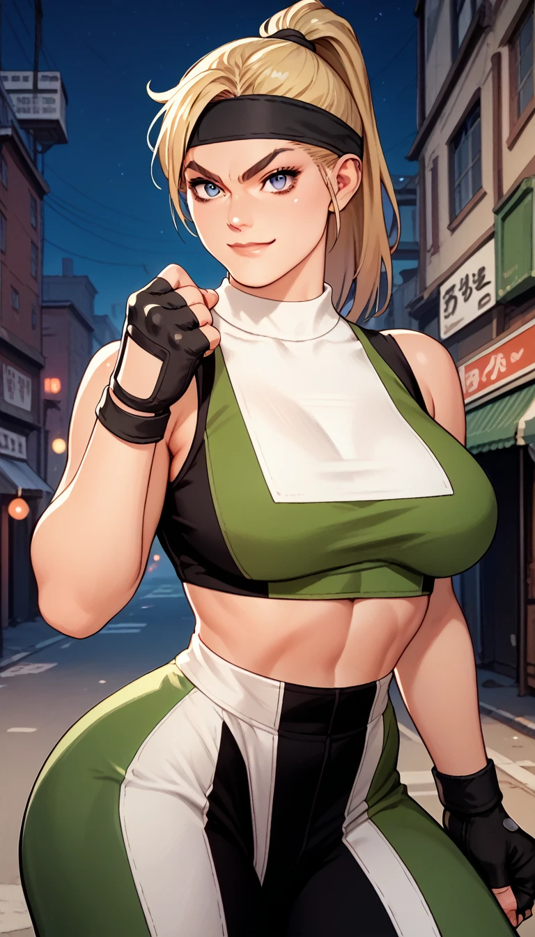 score_9, score_8_up, score_7_up, score_6_up, source_anime, 1girl, solo m3sb, blonde hair, high ponytail, blue eyes, black headband, green and white crop top, two-tone crop top, midriff, sleeveless, green pants, multicolored pants, black gloves, fingerless gloves, big breasts, looking at you, smirk, city, night, upper body, hand up, clenched hand, fit, thighs, closed mouth