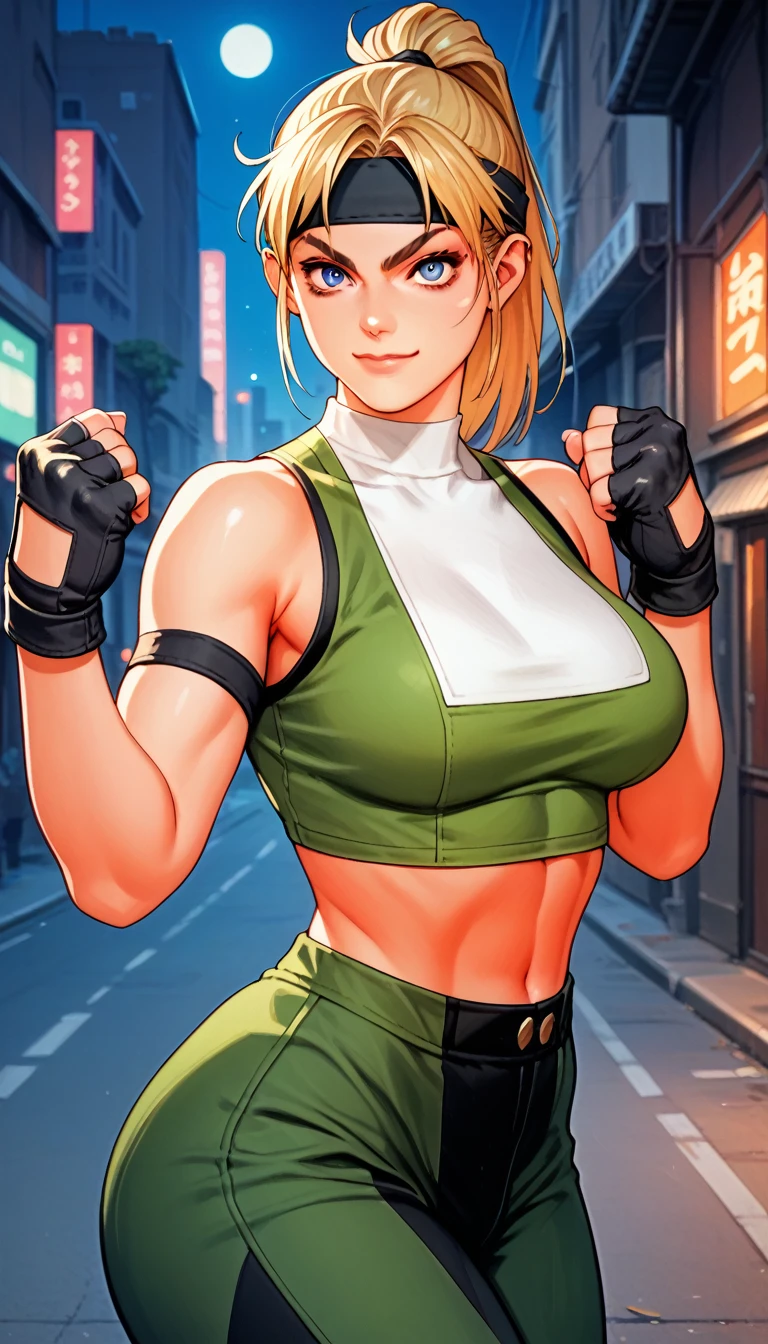 score_9, score_8_up, score_7_up, score_6_up, source_anime, 1girl, solo m3sb, blonde hair, high ponytail, blue eyes, black headband, green and white crop top, two-tone crop top, midriff, sleeveless, green pants, multicolored pants, black gloves, fingerless gloves, big breasts, looking at you, smirk, city, night, upper body, hand up, clenched hand, fit, thighs, closed mouth