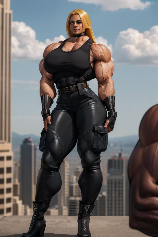 ((Close-up)), tall, (yellow hair) beautiful muscular latino woman, long flowing hair, light brown skinned, closed smile, (large breast), (black lipstick), (massive muscles), (hyper muscle), ((ginormous bulky muscles)), grey eyes, ((black leather tank top)), (((black leather cargo pants with belt))), fingerless gloves, choker, high heel boots, (top of skyscraper), 