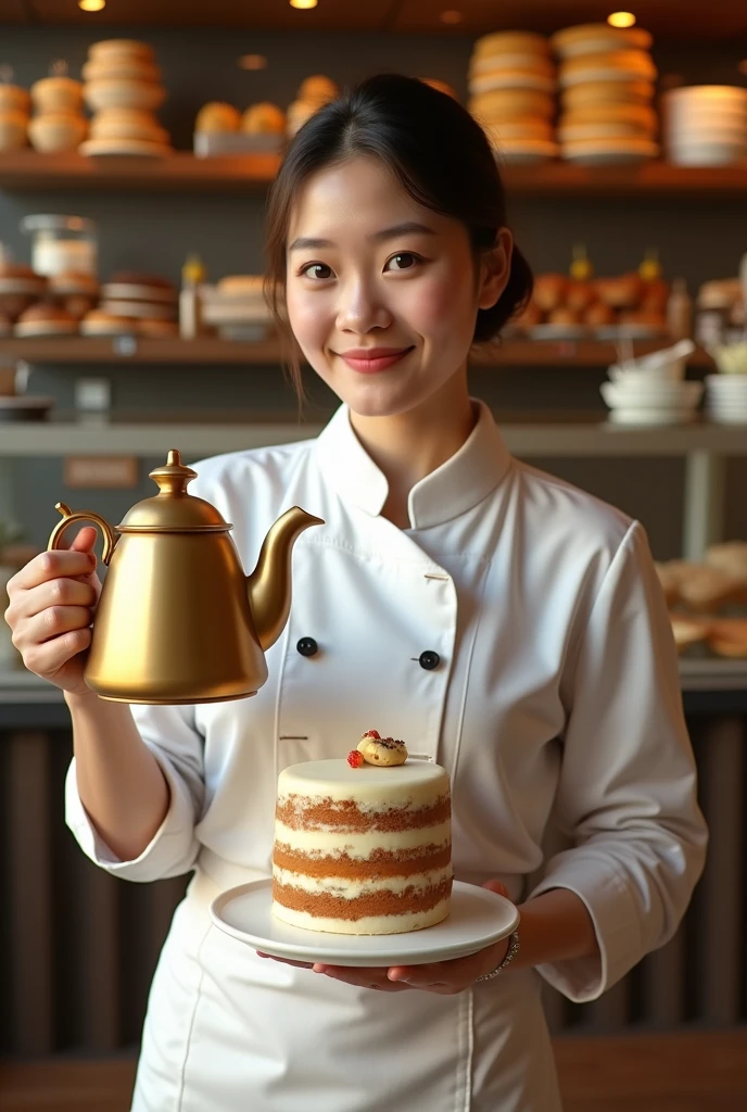 a cafe worker holding a golden teapot, white uniform with coffee, in front of a birthday cake, photorealistic, cafe interior in the background, studio lighting, high detail, hyperrealistic, intricate details, cinematic lighting, warm tones, bakery, pastry, food, coffee shop, cafe, barista, uniform, teapot, gold, birthday cake, professional photo