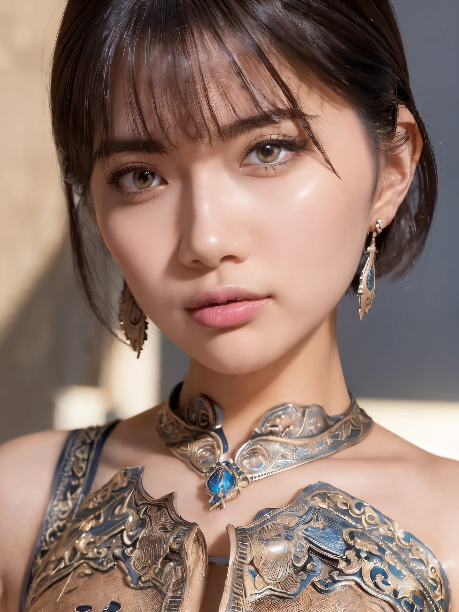 (UHigh resolution, retina, masterpiece, Accurate, Anatomically correct, Textured skin, Super Detail, Attention to detail, high quality, 最high quality, High resolution, 1080P, High resolution, 4K, 8k, 16k), (美しいAttention to detail目, Beautiful lip detail, Highly detailed eyes and face), Soft lighting, Physically Based Rendering, Vibrant colors,((((最high quality、masterpiece, 高精細CG8kイラスト, Graffiti art, Center Configuration, Highly detailed lights and shadows, wall, Highly detailed face and eyes,masterpiece, 最high quality, Alone, One girl, Glowing Skin, Earrings, Splendid, Whimsical details, Slicked back hair, Fascinating, Bare shoulders,Street Fashion, Shallow depth of field, Contrasting, Professional Model, Facing forward, Portraiture , Left detailed pupil,Right symmetrical pupil,Detailed hands,Short Hair))), (Glowing Skin), (Wide-angle),(Alone),  (Urzan-6500:0.33)、Outdoor、(((Hands behind back,Cowboy Shot,Full Body Shot)))