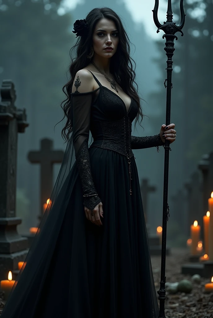 Highly Realistic, Ultra High Definition, Raw photo, Chromecast, 1 young girl, long wavy hair, long black gown, claws, cat eyes, detailed full body view, Midnight graveyard, black crow , detailed background texture, intense stare, eerie atmosphere, multiple crows fluttering in the background, moonlit tombstones, girl walking through tombstones, decaying leaves, silent night, misty air, dark shadows, mysterious ghastly scene
