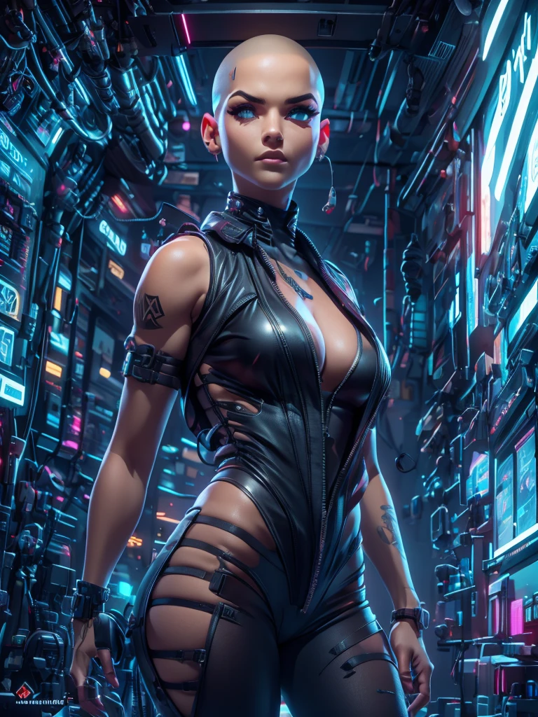 very slim female in long buzz cut hairstyle hacker, in golden vest, open vest, black Leather Cooling Jumpsuit with glowing with white light Vertical Stitching wires, , Xtreme, breasts, big breasts, dirt on her clothes and face, black costume,leżącą na fotelu, dramatic lighting, realistic colors, highres, vivid colors, stunning neon city server room background, 8K image quality, Masterpiece