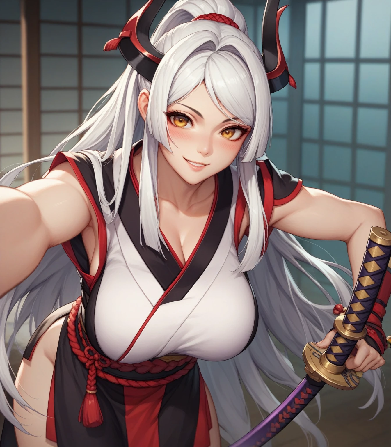 best quality,ultra detailed,extremely detailed and beautiful,perfect anatomy,perfect hands,(1 girl,solo)++++,heart-shaped boob challenge, (Nakiri Ayame)+++,red eyes,white hair,hair bell ,long hair,oni horns,(katana)+, Small breasts, clothes,kimono,kouhaku nawa,shimenawa ,( off shoulder)+++,