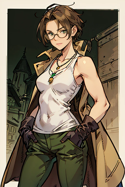 A girl with slightly messy brown hair, wears a white tank top underneath a long predo coat with rolled up sleeves, wears short black gloves, green pants with pockets on the sides, one of the legs has a bandage, usa ALL star, has green eyes, a purple necklace and stempunk glasses on her head, brown skin