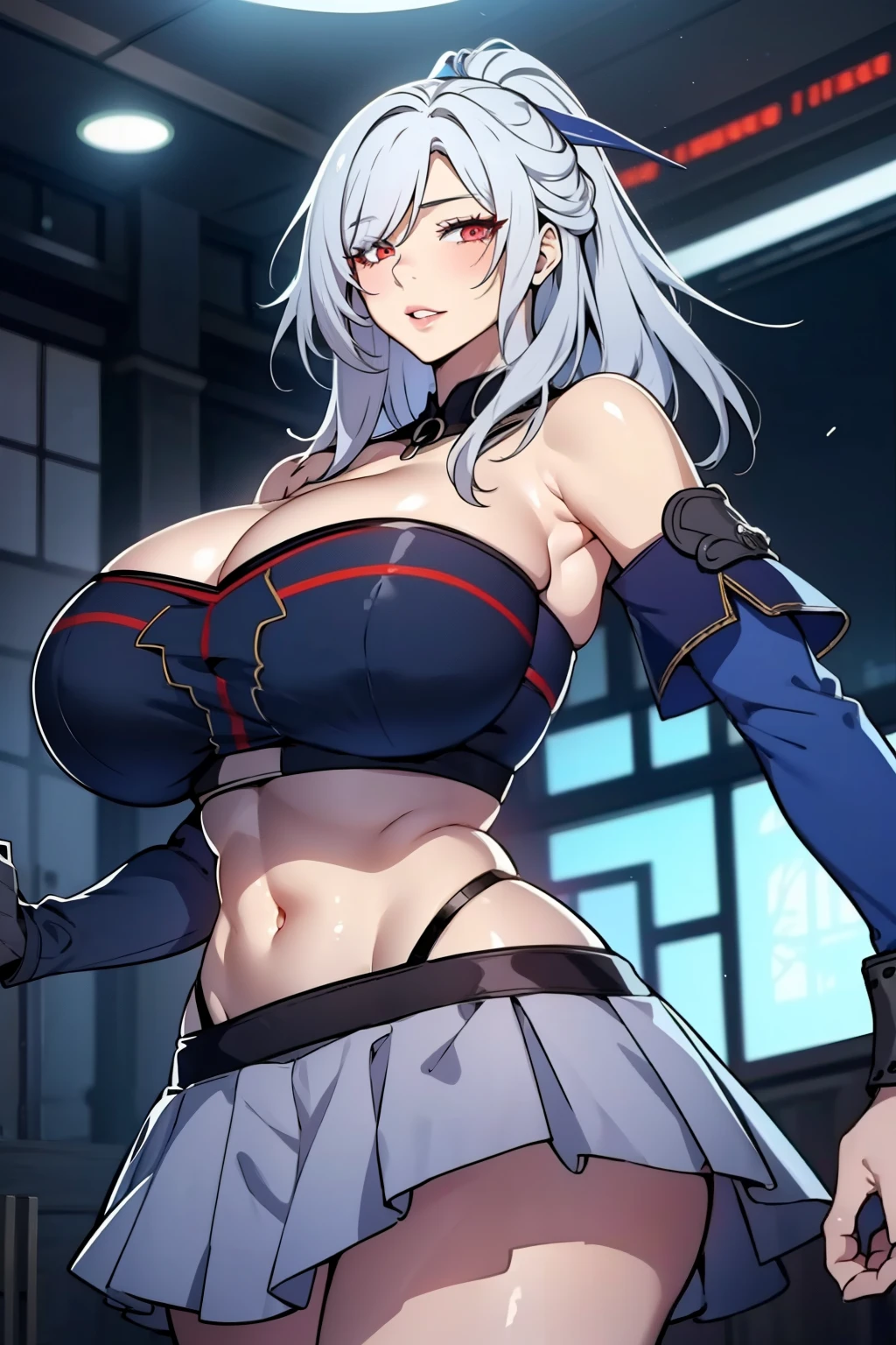 An anime-style artwork depicting jingliu from the game star rail

Tags: jingliu, 1girl, long hair, bangs, (crop top:1.4), (bare shoulders:1.4), (strapless:1.4), (miniskirt:1.4), bare shoulders, white hair, hair ornament, solo, anime, detailed eyes, detailed lips, , smiling expression, intense gaze, dynamic pose, indoor, palace, vibrant colors, digital art, high-resolution, professional quality, gigantic breasts, cleavage,  curvy, cowboy shot, (gigantic breasts: 1.4),