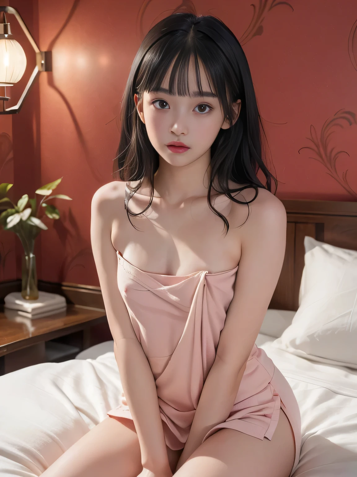 raw photo, 8k, (top-quality), Realistic, (real picture, Intricate details), (natural skin texture, detailed skin, hyper realism, sharpness), (Japanese teenage girl sitting on small bed in a old hotel at night, hands between leg), ((naked towel)), (((small breasts:1.5))), (slender body, pale skin:1.2), ((wavy hair, blunt bangs)), (baby face, provocative look, Parted lips:1.3, eye bag:1.3, red thick lips, under eye circle), thighs, night time, red wallpaper, hard lighting:1.3, full body shot