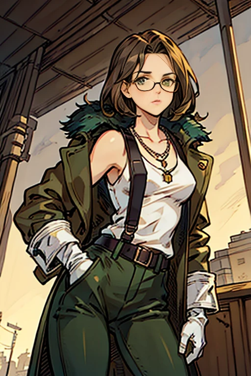 A girl with slightly messy brown hair, wears a white tank top underneath a long predo coat with rolled up sleeves, wears short black gloves, green pants with pockets on the sides, one of the legs has a bandage, usa ALL star, has green eyes, a purple necklace and stempunk glasses on her head, brown skin