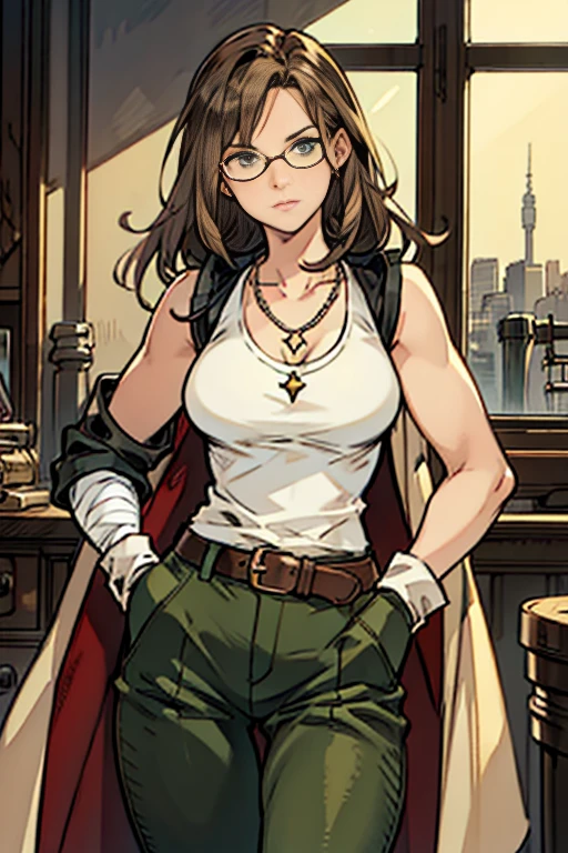 A girl with slightly messy brown hair, wears a white tank top underneath a long predo coat with rolled up sleeves, wears short black gloves, green pants with pockets on the sides, one of the legs has a bandage, usa ALL star, has green eyes, a purple necklace and stempunk glasses on her head, brown skin