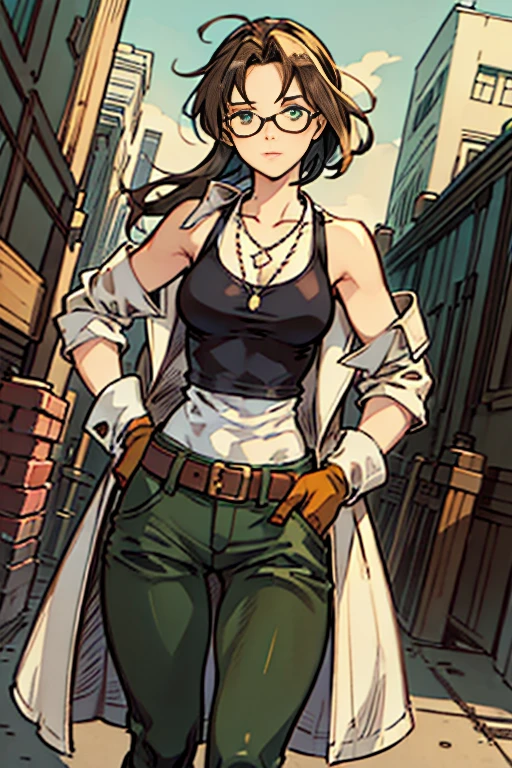 A girl with slightly messy brown hair, wears a white tank top underneath a long predo coat with rolled up sleeves, wears short black gloves, green pants with pockets on the sides, one of the legs has a bandage, usa ALL star, has green eyes, a purple necklace and stempunk glasses on her head, brown skin