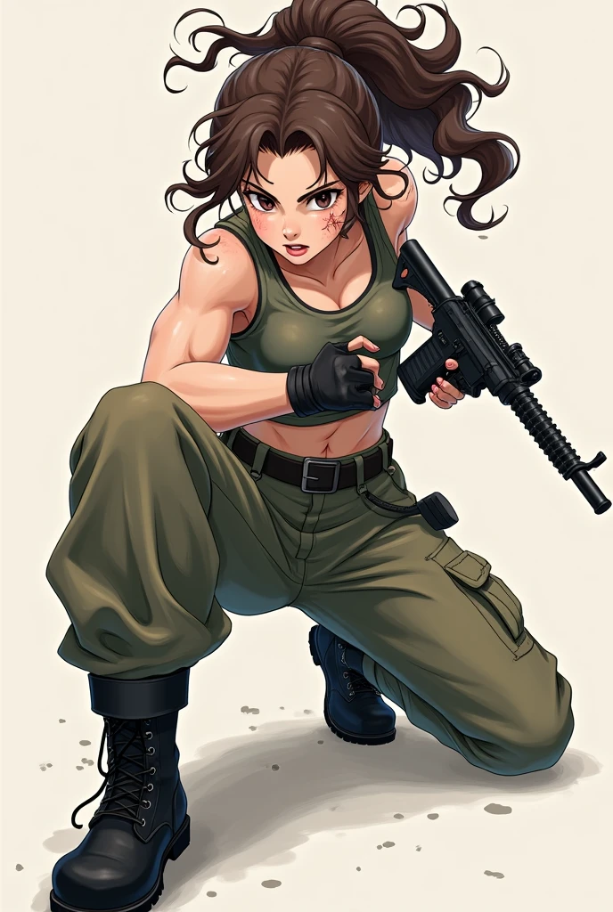 adult male-to-female crossdresser, feminine but no boobs, flat chest, hazel-green eyes, wavy brown hair, provocative, black crop top, high waisted cargo pants, combat boots, ear piercing, belly button piercing, realistic anime style, kinky atmosphere --auto --s2