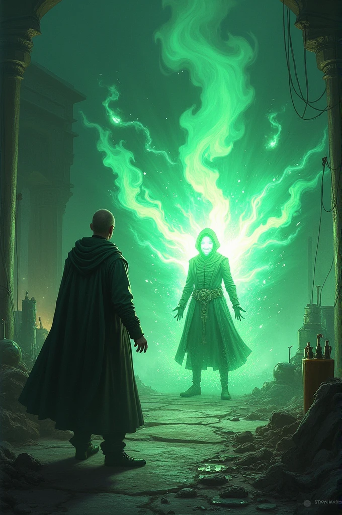Fantasy, High Fantasy, RPG, A blue robbed wizard blows up a bathroom with a slime spell as goblins run away through the door