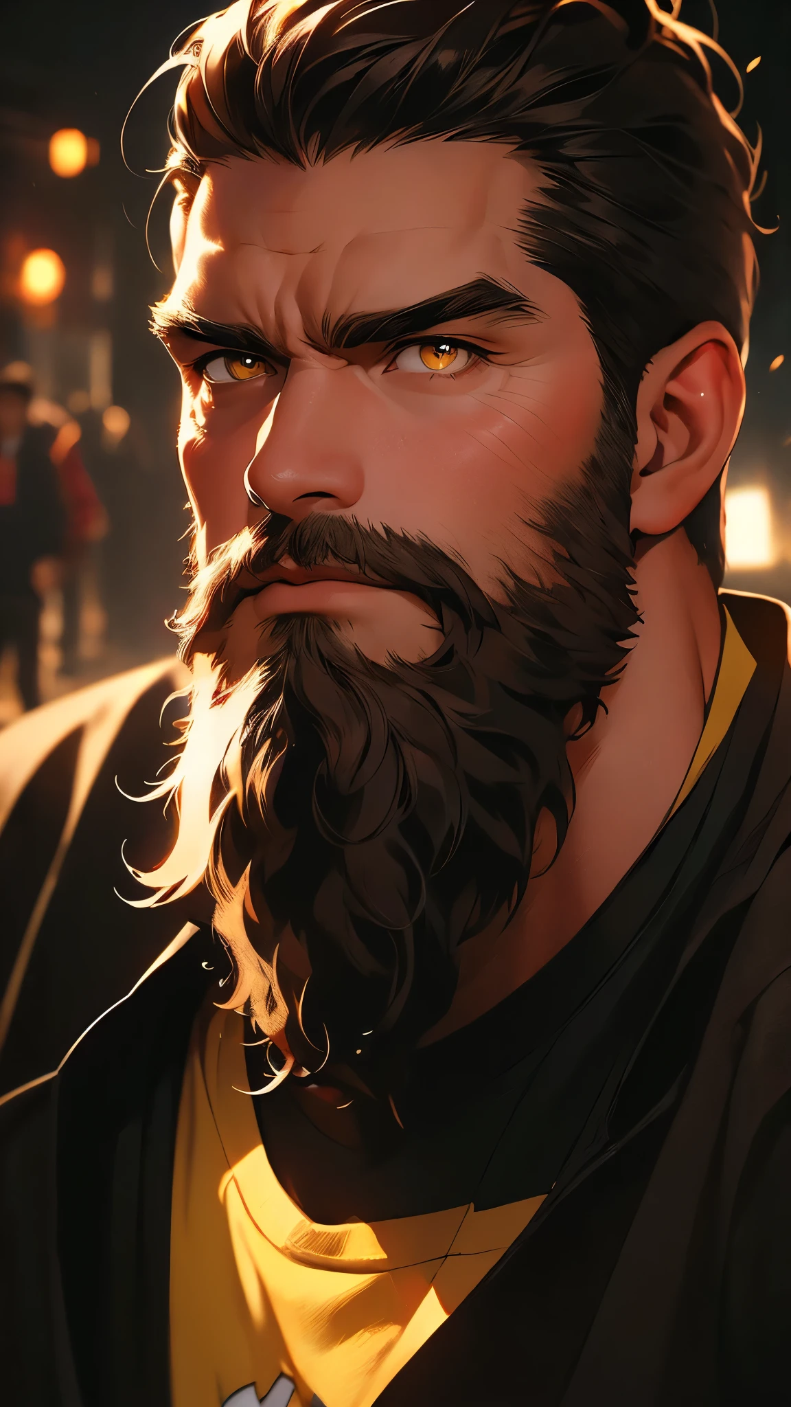 ((masterpiece)), envision a 8k, highres, cinematic, detailed, close up portrait of a man, muscular body, slender face, narrow eyes, thick eyebrows, long brown hair, full beard, yellow eyes, t-shirt, (((1boy))), in dark lighting, against a dark background