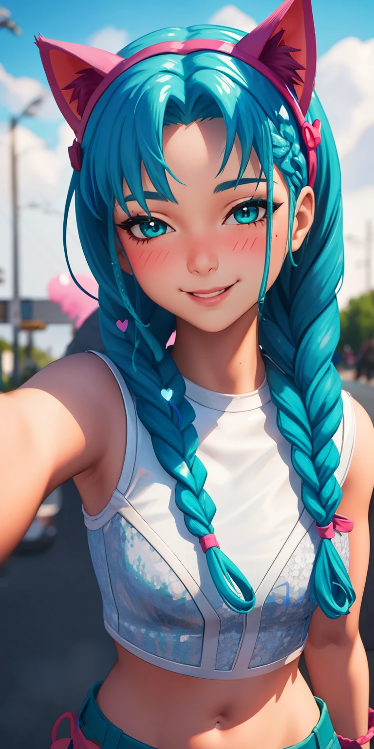 1girl,aqua hair, braided, aqua eyes, aqua eyeshadow, (eyeshadow1:1), (blush:1.1),upper body, heart,(speed lines:1.1), heart navel, cat ears headband, pink head band, white crop top, smile, looking at viewer, facing viewer, wink, 