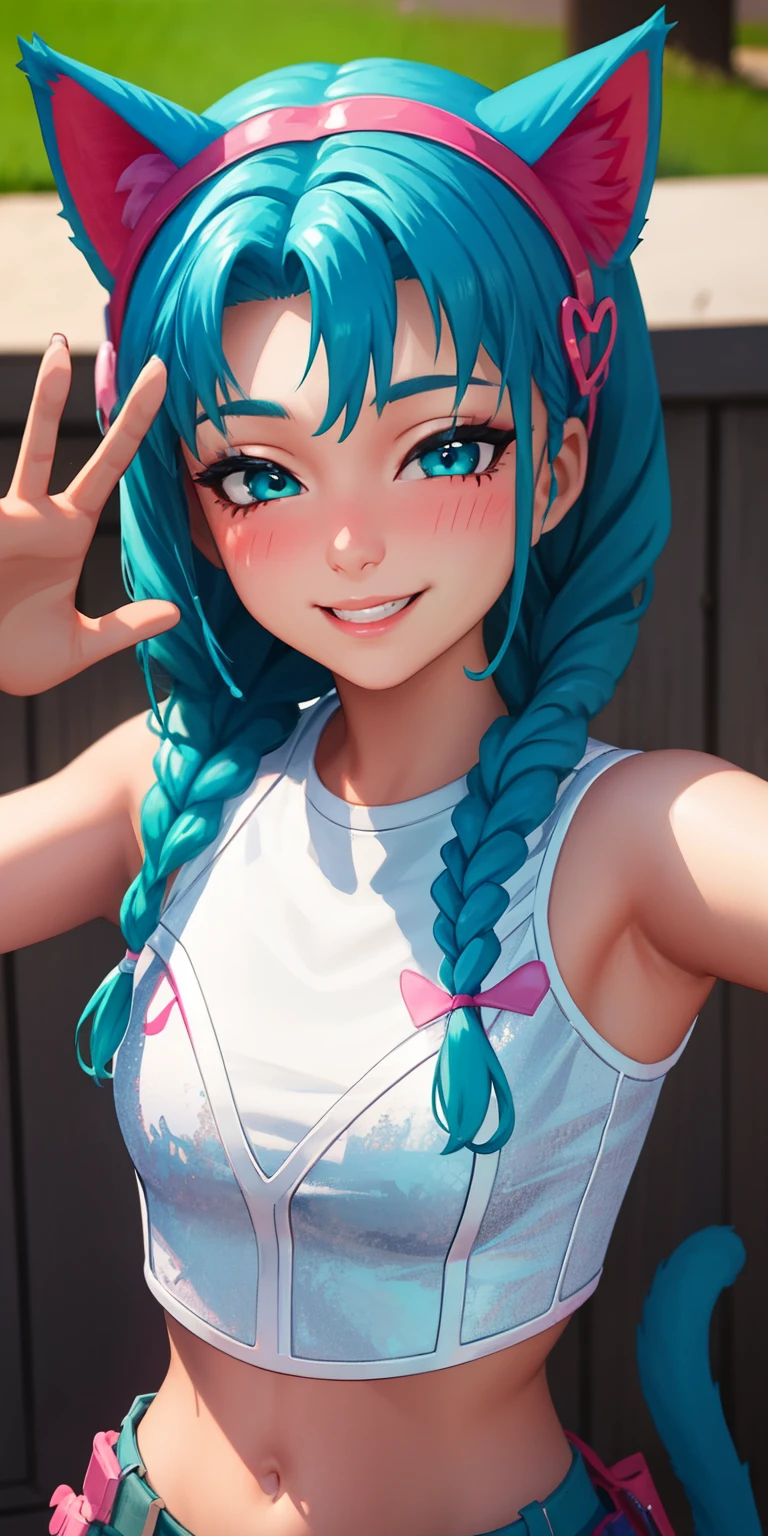 1girl,aqua hair, braided, aqua eyes, aqua eyeshadow, (eyeshadow1:1), (blush:1.1),upper body, heart,(speed lines:1.1), heart navel, cat ears headband, pink head band, white crop top, smile, looking at viewer, facing viewer, wink, 