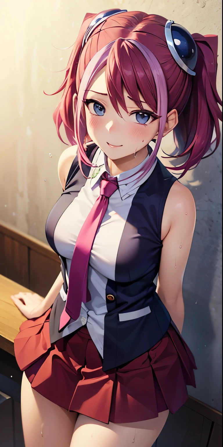 1 Female,High definition,high resolution,Ultra-realistic,8K, hy1, hair ornament, multicolored hair, necktie, skirt, sleeveless, , pink skirt, tight skirt,miniskirt, jewelry,European,sexy,Upper body close-up,Photographed from the front,Dynamic Angles,blush, medium , happy, wink the eye,facial, sweat,multicolored hair