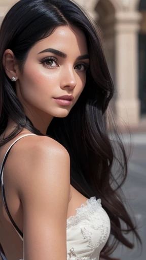 tanned Europe woman, age 23. attractive, clean beautiful skin, dark brown shoulder long hair, lightly curled hair, beautiful detailed eyes, red lips, gorgeous beautiful woman, Wearing a white strapless corset top, cowboy shot, natural lighting