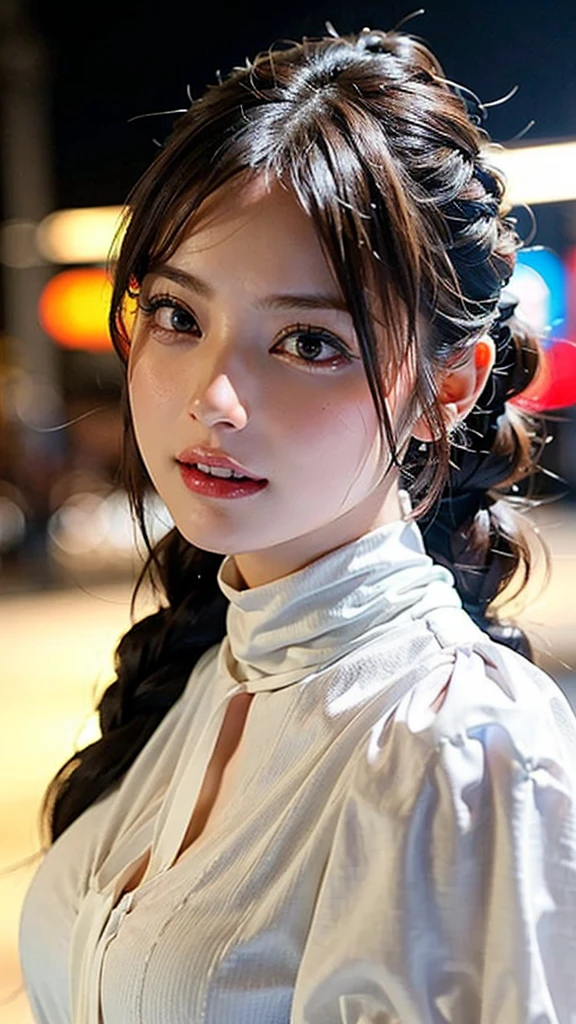 ((Beautiful Face:1.2)),((realistic:1.2)),Best Quality, Photorealistic, 1peopleの女の子, woman,(Skin Dentition), Mid-chest, (bright), (Professional Lighting, Bokeh), (street), people々, crowd, Braided bangs, ((High neck blouse:1.5)), (Wore:0.8), nice, bloom, Floating Hair, (Dynamic pose:0.6) , Soft lighting, 