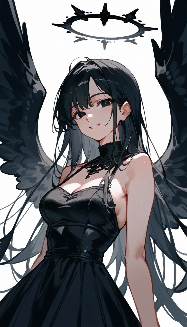 1 girl, solo, long black hair, black eyes, medium breasts, black gown, black halo, black angelic wings, flirtatious smile, sketch, portrait, 