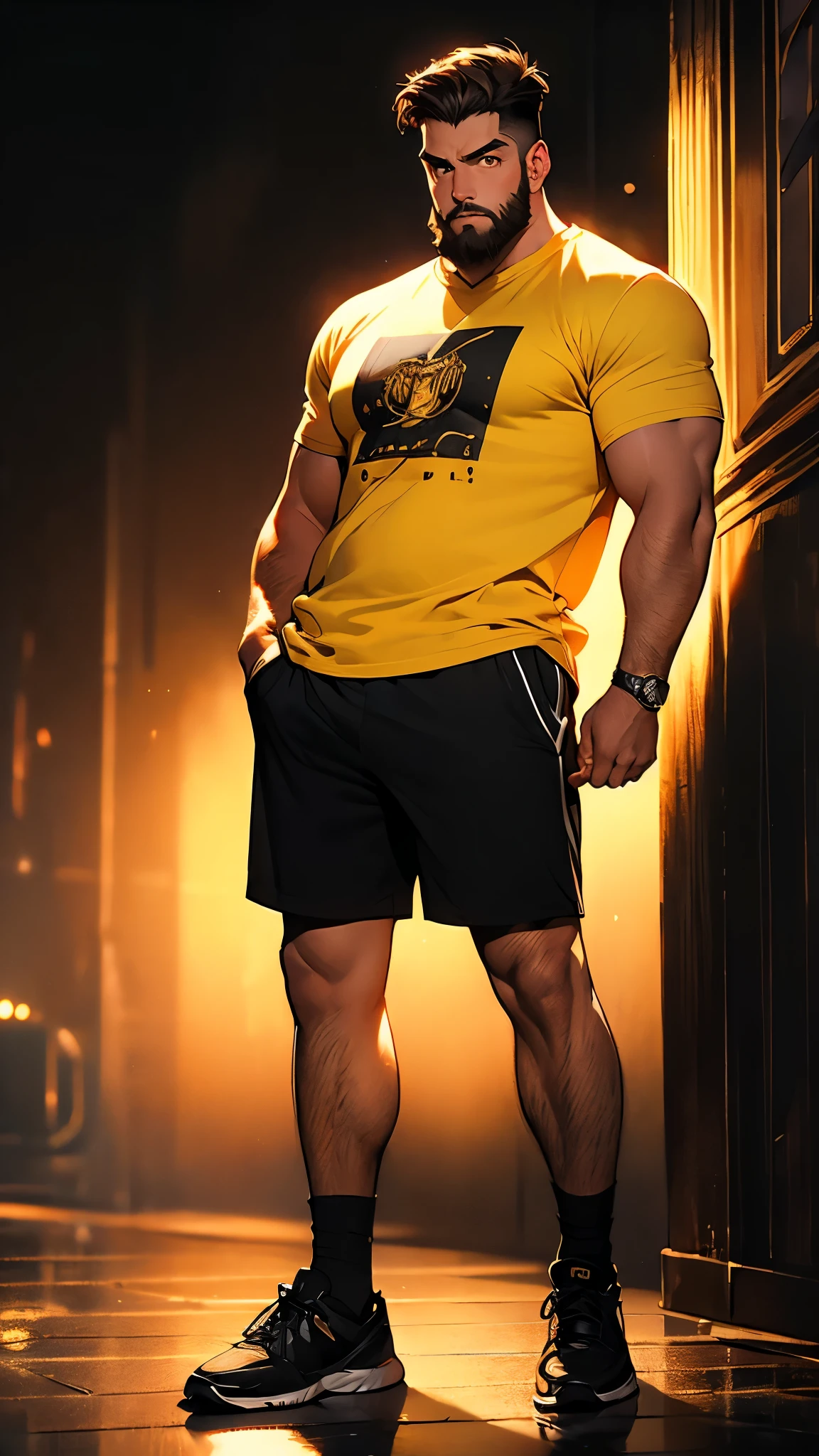 ((masterpiece)), envision a 8k, highres, cinematic, detailed, full body pinup of a man, slender muscular body, slender face, narrow eyes, thick eyebrows, long brown hair, full beard, yellow eyes, t-shirt, shorts, shoes, (((1boy))), in dark lighting, against a dark background