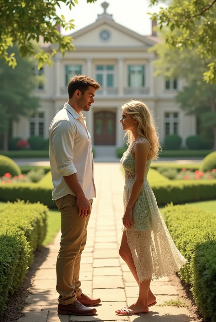 The scene takes place on a balcony of a palace in Nice. A man with a young woman in her thirties. Elle est blonde, porte une mini jupe. He has light clothes, light long pants. Ils sont amoureux. The scene should look like a sentimental book cover, from novel to rosewater.