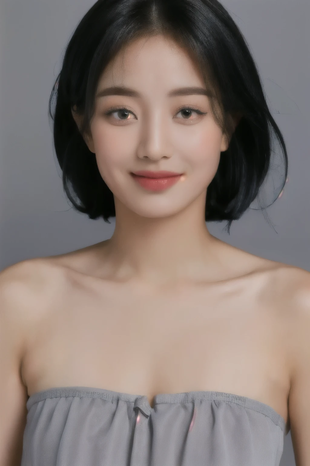 (masterpiece, top quality, best quality, (close-up photograph: 2), ((1girl)), fair skin, (((closed lips))), small eyes, (extremely detailed face), looking straight, ultra-detailed eyes and pupils, ((bare pectorals)), ((bare chest)), bare head, nude dress, (((bare shoulders))), symmetrical frame, ((strapless)), (((smile))), ((symmetrical pose)), looking at viewer, (((looking at viewer))), (symmetrical face: 1.6), 35mm, simple grey background, ((studio lighting)), no watermark, ((medium black hair)), 