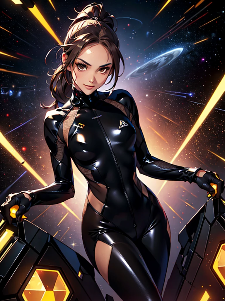 1girl, slender body, slim, extremely long ponytail, (((dark brown hair, brown eyes, tan skin))), brown skin, smirk, tight clothes,  ((ochre and black latex bodysuit)), (black armor), (((hexagonal mesh))), ((extremely glossy)), cyberwear, space background, starship interior, space cockpit
