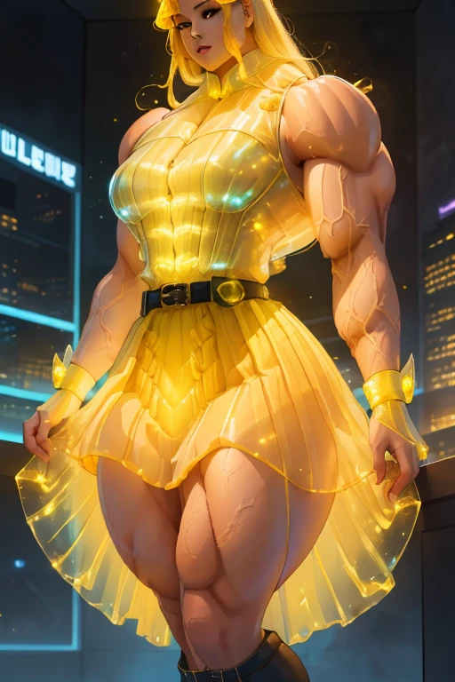 ((Close-up)), tall, (yellow hair) beautiful muscular latino woman, long flowing hair, brown skinned, closed smile, large breast, (black lipstick), (massive muscles), ((hyper muscle)), (((ginormous bulky muscles))), gray eyes, ((((yellow sleeveless Bioluminescent pleated shirt)))), ((((long Bioluminescent pleated skirt with belt)))), (fingerless Bioluminescent gloves), (yellow necktie), thigh highs boots, in a mystical skyscraper, 