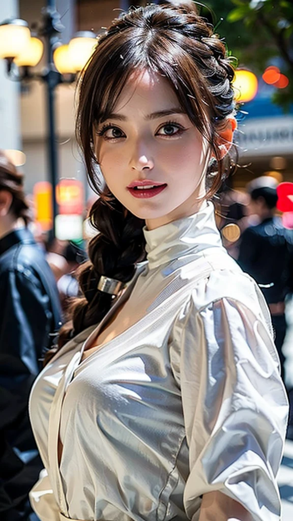 ((Beautiful Face:1.2)),((realistic:1.2)),Best Quality, Photorealistic, 1peopleの***, woman,(Skin Dentition), Mid-chest, (bright), (Professional Lighting, Bokeh), (street), people々, crowd, Braided bangs, ((High neck blouse:1.5)), (Wore:0.8), nice, bloom, Floating Hair, (Dynamic pose:0.6) , Soft lighting, 