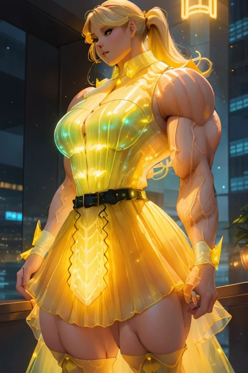 ((Close-up)), tall, (yellow hair) beautiful muscular latino woman, long flowing hair, brown skinned, closed smile, large breast, (black lipstick), (massive muscles), ((hyper muscle)), (((ginormous bulky muscles))), gray eyes, ((((yellow sleeveless Bioluminescent pleated shirt)))), ((((long Bioluminescent pleated skirt with belt)))), (fingerless Bioluminescent gloves), (yellow necktie), thigh highs boots, in a mystical skyscraper, 