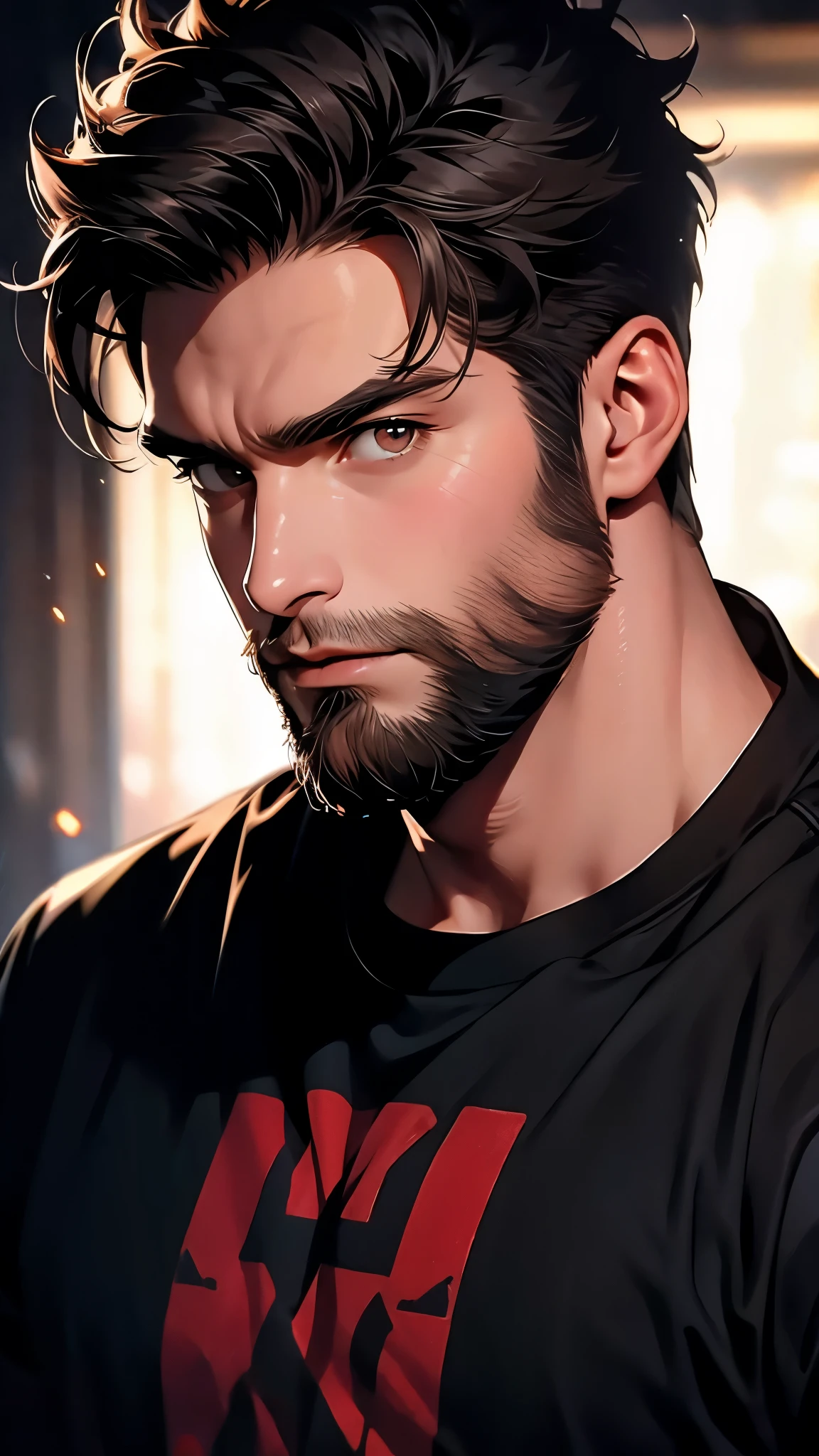 ((masterpiece)), envision a 8k, highres, cinematic, detailed, close up portrait of a man, muscular body, slender face, narrow eyes, thick eyebrows, long brown hair, full beard, brown eyes, t-shirt, (((1boy))), in dark lighting, against a dark background