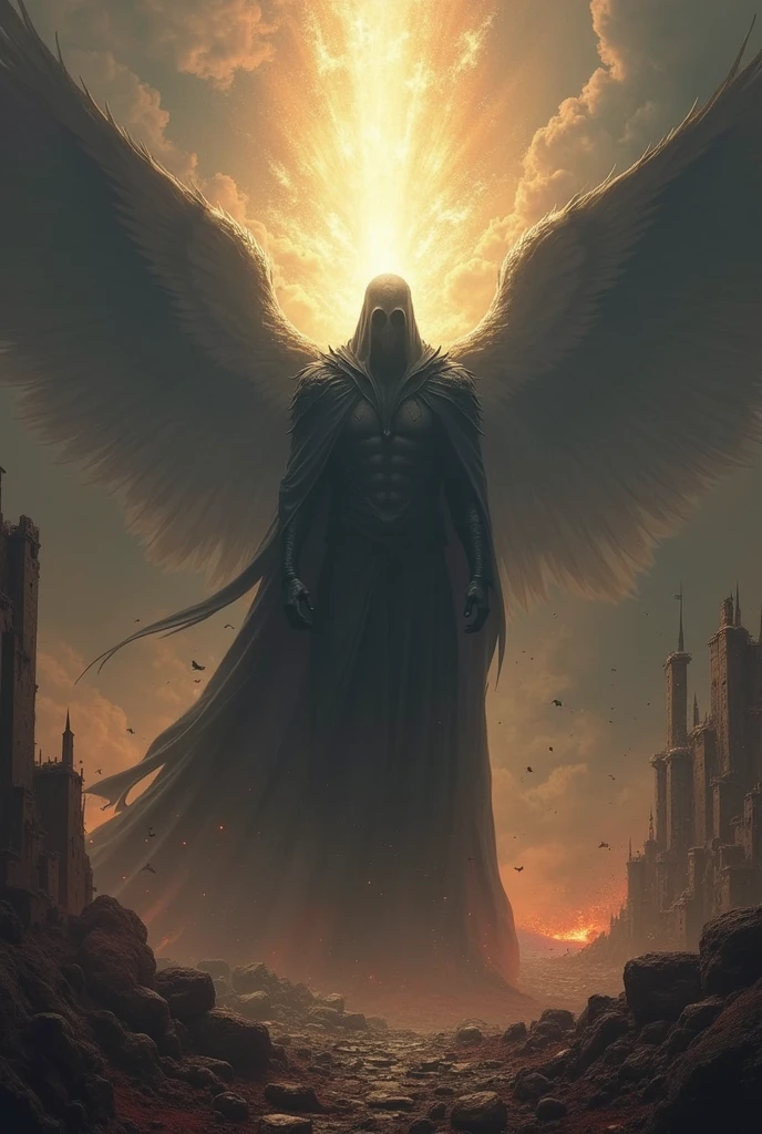 deus demonio, descending from the heavens, encapuzado, com uma aura assombrosa, noite, 4k, hd, masterpiece