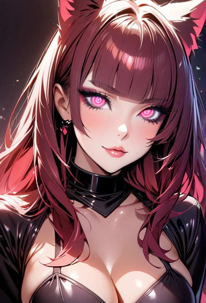 full body, body shot, zoomed out, 1girl, maroon red hair,(shiny lipstick) (pink eyes), long hair, detailed face, cat ears, medium breasts, cleavage, long eyelashes, mature, (smirk, closed lips, big plump lips, eyeshadow) shiny skin, beautiful eyes,(detailed eyes, sharp eyes, clear pupils:0.8), blunt bangs, wispy bangs, latex, black latex clothes, slim body, flat stomach