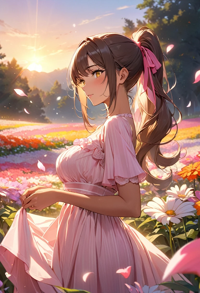 kawaii, anime, Cute, hyper quality, highly detailed, 8k, Clarity, dark brown long hair, pink bougainvillea, green eyes, droopy pink bougainvillea flower garden, bougainvillea, pink wedding dress, light shines in, pink bougainvillea flowers, pink bougainvillea bouquet, dignity, platinum tiara, pink wedding dress, highlight on eyes, Looking back, Pose with movement, whole body, Uplifting, Inciting point of view, special perspective, dignified expression, smile dignifiedly, close up of face, Draw facial expressions in detail, the dress is fluttering, dignified stance, petals dance,