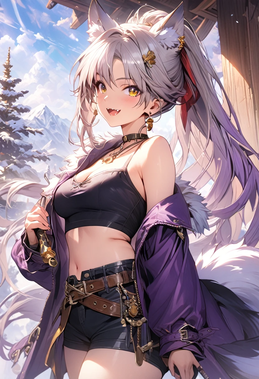 (masterpiece),(best quality),(ultra-detailed),(best illustration),(best shadow),(absurdres),(detailed background), 1girl, animal-ears, solo, tail, boots, wolf-ears, yellow-eyes, navel, breasts, fur-trim, purple-footwear, long-hair, knee-boots, jewelry, wolf-tail, looking-at-viewer, medium-breasts, cleavage, simple-background, midriff, very-long-hair, fur-trimmed-boots, open-mouth, grey-hair, standing, shorts, coat, animal-ear-fluff, choker, smile, tube-top, ponytail, earrings, bell, collar, wolf-girl, purple-coat, fur-boots, purple-cape, short-shorts, skirt, hair-ornament, crossed-legs, detached-sleeves, fantasy, ribbon, belt, black-shorts, holding-sword, holding-shield
