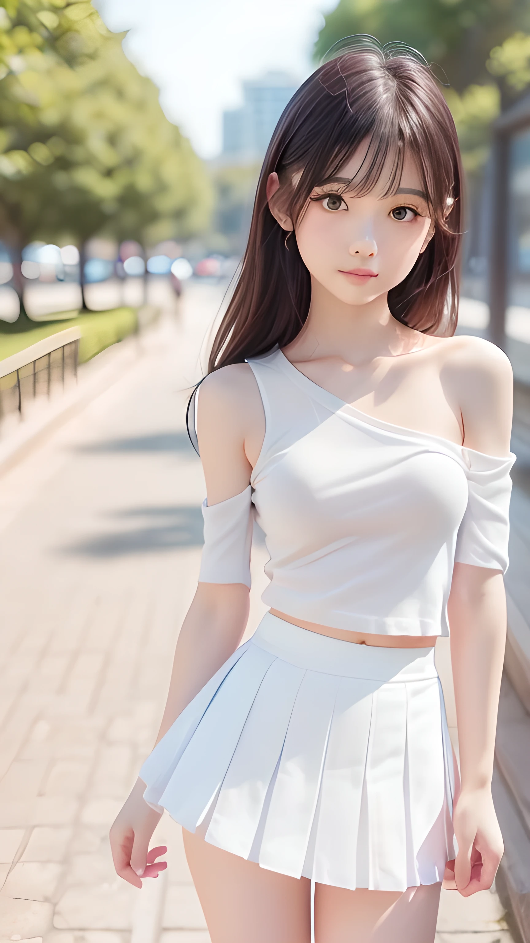 detailed face, cute face,1 female, Long Hair, RAW Photos, Bokeh (realism: 1.4, Realistic), High-definition CG integrated 8K wallpaper, One girl, ((The body is slim: 1)), (Small breastss: 1), Back to viewers, ((Direct view from the front)), (high qualityスキン: 1.4), 8K Ultra HD, Digital SLR, Soft Light, high quality, Film Grain, Fujifilm XT3, ((Bare shoulder,whiteshirt, white skirt :1.5)), sleeveless,nipples through, ((Outdoor, at the park))) Janju, Portraiture,((Layered Short Haircut, Black Employment,Small breasts:1.2)),(View your viewers:1.4),(whole body:1.8)