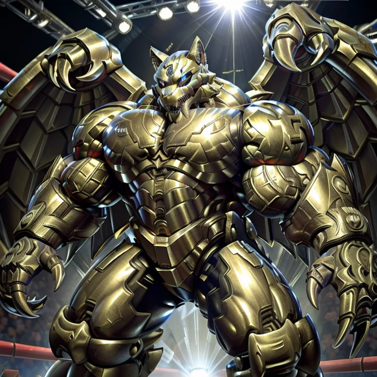 (freddy wolf, 8K), (freddy wolf's giant robot, Powered exoskeleton with the same design as freddy wolf), (Masterpiece, highres) (Detailed head, Detailed Body, Detailed abs, full body) (gigantic muscles, Gigachad Muscular, big muscle, pecs, triceps, traps, unusually developed muscular body, body full of huge muscles. showing off muscles, pectorales enormes, Exaggeratedly huge muscles.) (nj5furry, The claws are sharp, Sharp teeth, sharp claws), (long legs), (Spread wings, It has wings, have big wings, golden wings), (Wrestling, wrestler, the bodybuilding), (It has wings, whole body shines like metal, Wearing cyberpunk mecha, emphasizes the muscles, suit fully made of metal, intricate armor, Robotic suit, suit fully made of metal, cyborg), menacing pose, The whole body is golden. no face. BULK UP. The whole body is golden. wearing a full-face helmet. no blue. no red. A pose that shows off your muscles.