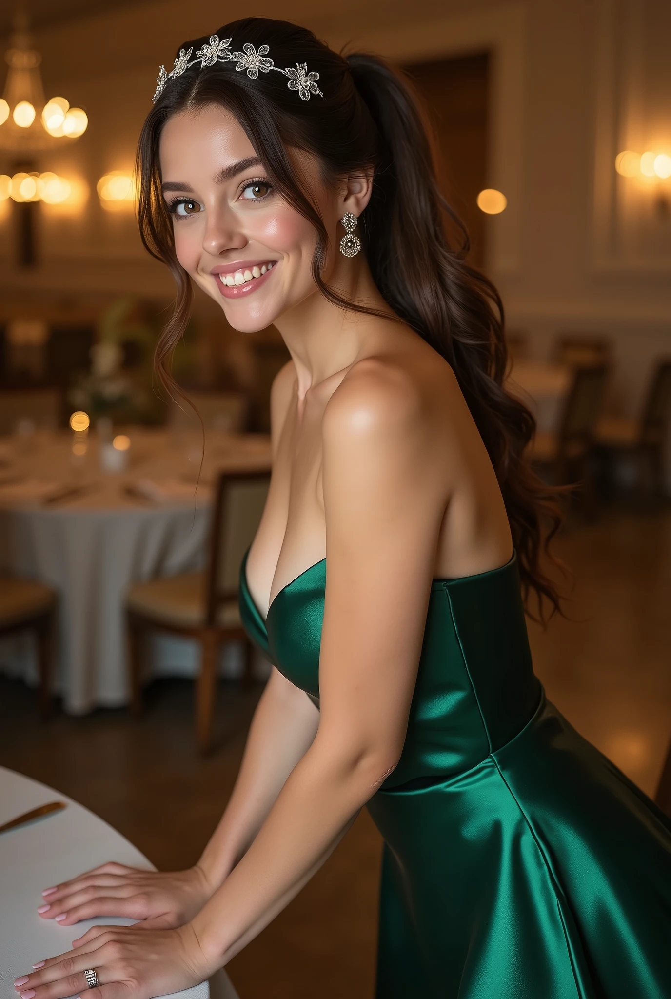 Realistic full body photo of a smiling, Young red-haired girl with long hair, She dances in front of the camera in a long two-tone A-line bridesmaid dress with straps made of shiny green and purple satin.,Purple bow, Park,glamour fotoshooting, Wedding celebration, perfect anatomy, perfect green eyes. Perfect hands with 5 fingers on each hand, Matching girl, looking at the camera, 1 Frau. (Eye make up:1.1), (highly detailed skin:1.1), spirit, analog style, keen focus, 8K UHD, dslr, good quality, Fujifilm XT3, Grain, Award-winning, masterpiece. Wedding celebration