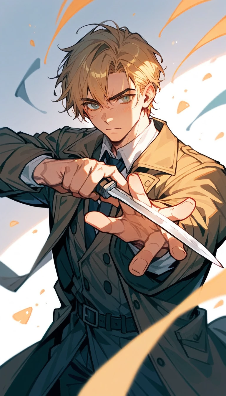 1 man, solo, handsome, short hair, blond hair, black trenchcoat, calm expression, handsome, powerful pencil sketch, portrait, holding a glowing dagger, dynamic pose