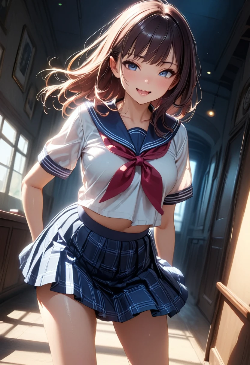 1 girl in、(Erika)Pose in front of the camera、(looking at viewert:1.2)、A smile、length hair、((Japan school uniform))、Nothing background、((pantyhose))、((a miniskirt))、((a sailor suit))