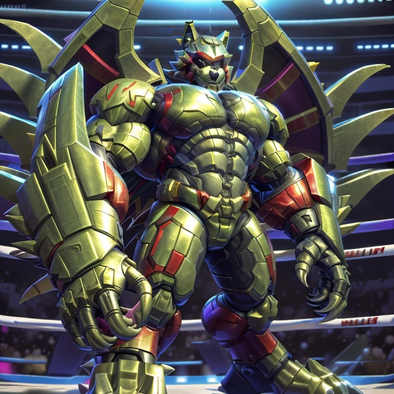 (freddy wolf, 8K), (freddy wolf's giant robot, Powered exoskeleton with the same design as freddy wolf), (Masterpiece, highres) (Detailed head, Detailed Body, Detailed abs, full body) (gigantic muscles, Gigachad Muscular, big muscle, pecs, triceps, traps, unusually developed muscular body, body full of huge muscles. showing off muscles, pectorales enormes, Exaggeratedly huge muscles.) (nj5furry, The claws are sharp, Sharp teeth, sharp claws), (long legs), (Spread wings, It has wings, have big wings, golden wings), (Wrestling, wrestler, the bodybuilding), (It has wings, whole body shines like metal, Wearing cyberpunk mecha, emphasizes the muscles, suit fully made of metal, intricate armor, Robotic suit, suit fully made of metal, cyborg), menacing pose, The whole body is golden. no face. BULK UP. The whole body is golden. wearing a full-face helmet. no blue. no red. A pose that shows off your muscles.